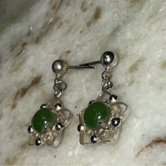 GENUINE Jade & Sterling Dangle Earrings Vintage - Picture 7 of 10